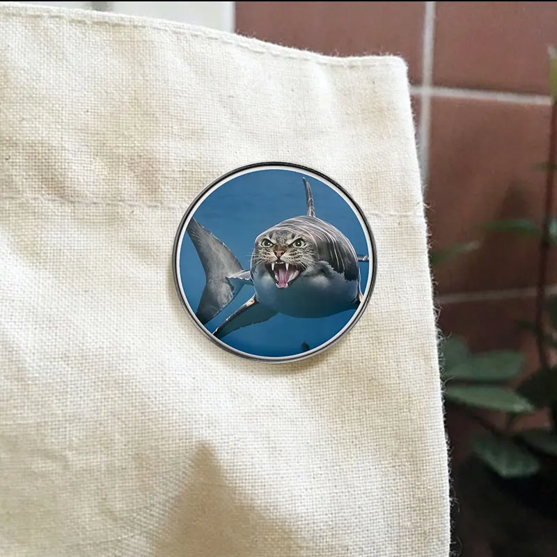Hysterical Shark Body Cat Head Meme UV Printing Badge Ocean Predator Funny Hybrid Pin Jewelry Gifts For Internet Meme Lovers