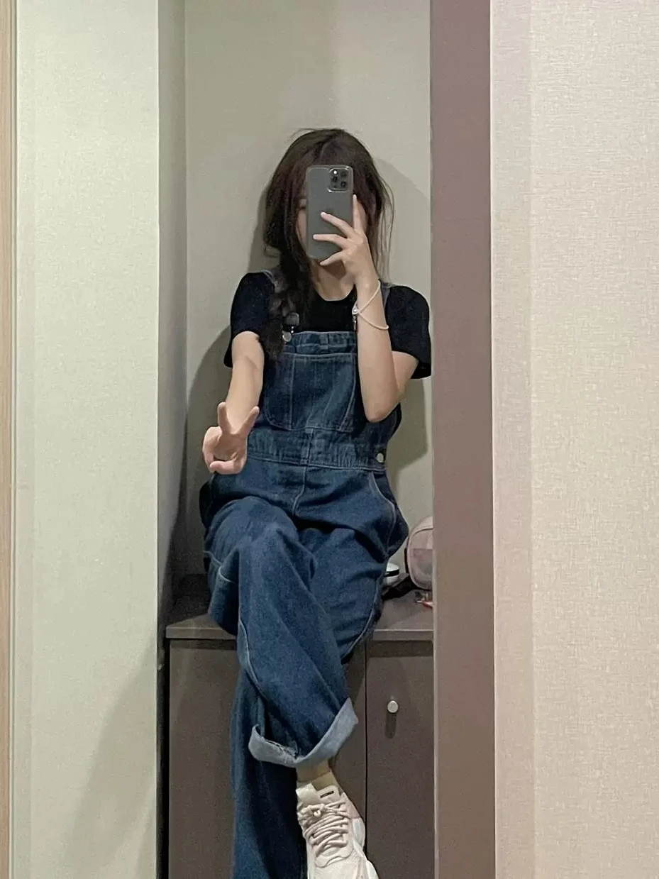 

Loose Wide Leg Overalls Women's Denim Fufu Spring Autumn New Korean Sle High Waist Cargo Pants