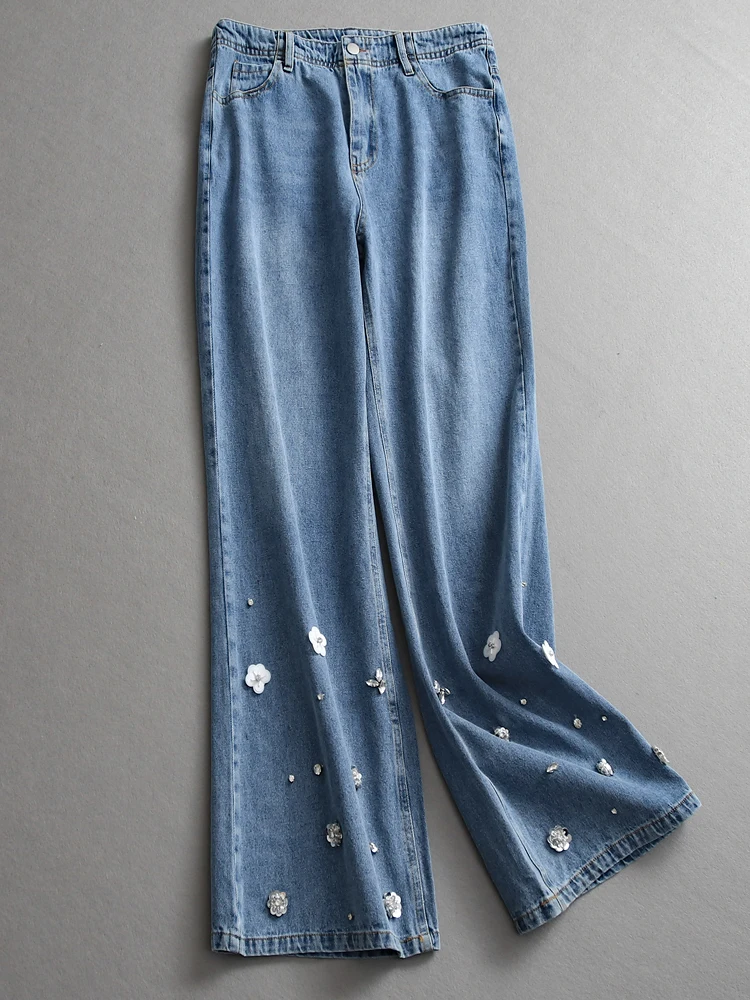 

Loose Wide Leg Jeans High Waist Bell Bottoms Blue Denim Women's Long Pants Casual Style Four Seasons Universal L275