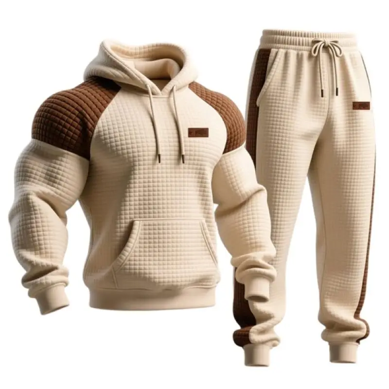 

Men's Daily Vintage Tracksuit, Waffle Quilted Plaid Hoodie Elastic Waist Sweatpants Jogger Set Casual Street Style Loungewear