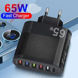 65W 5 USB+Type C Charger 6 Port Fast Charging for IPad IPhone Pro Max Huawei Samsung Xiaomi EU/US/UK Plug Multi Power Adapter