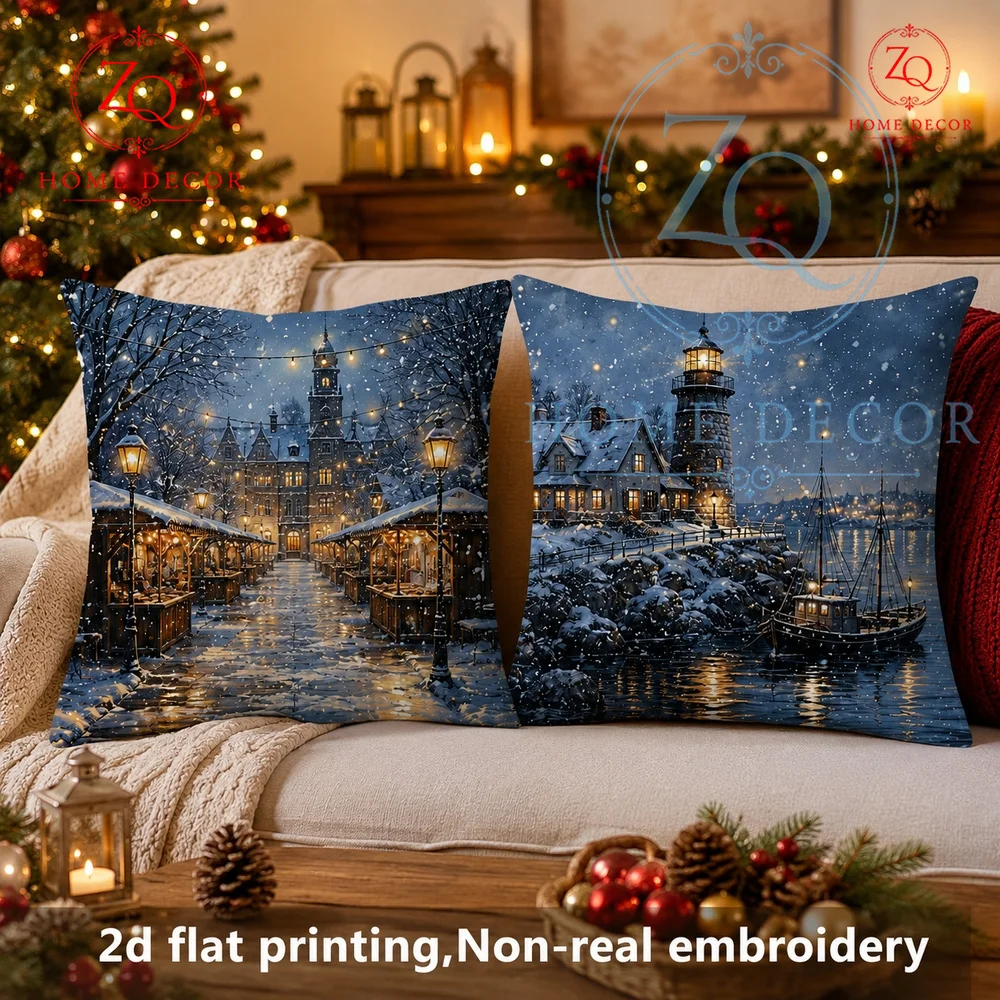 Vintage Winter Town Christmas Throw Pillow Cover Snowy European Market Night Scene Cushion Case for Holiday Sofa Bedroom Decor
