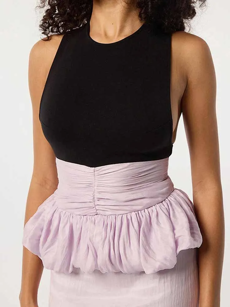 

BKQU Patchwork Ruffle Hem Sexy Tank Top Women Fashion Contrast O Neck Sleeveless Backless Ruched Skinny Club Party Vest Top 2025