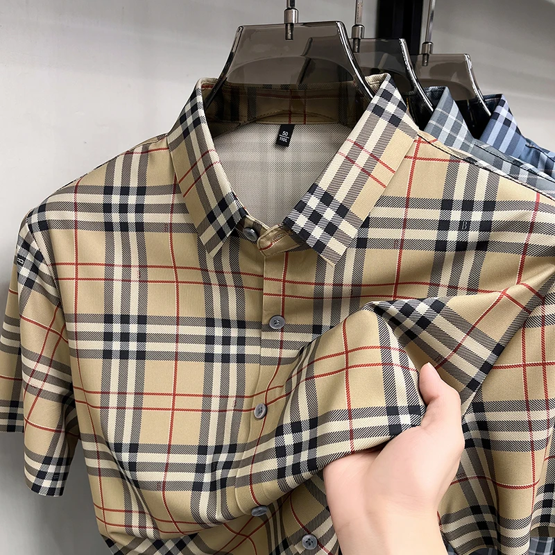 

Italian High-end Spring and Autumn Men's High-quality Fabric Short Sleeved Checkered Shirt, Business Non Ironing Shirt for Men