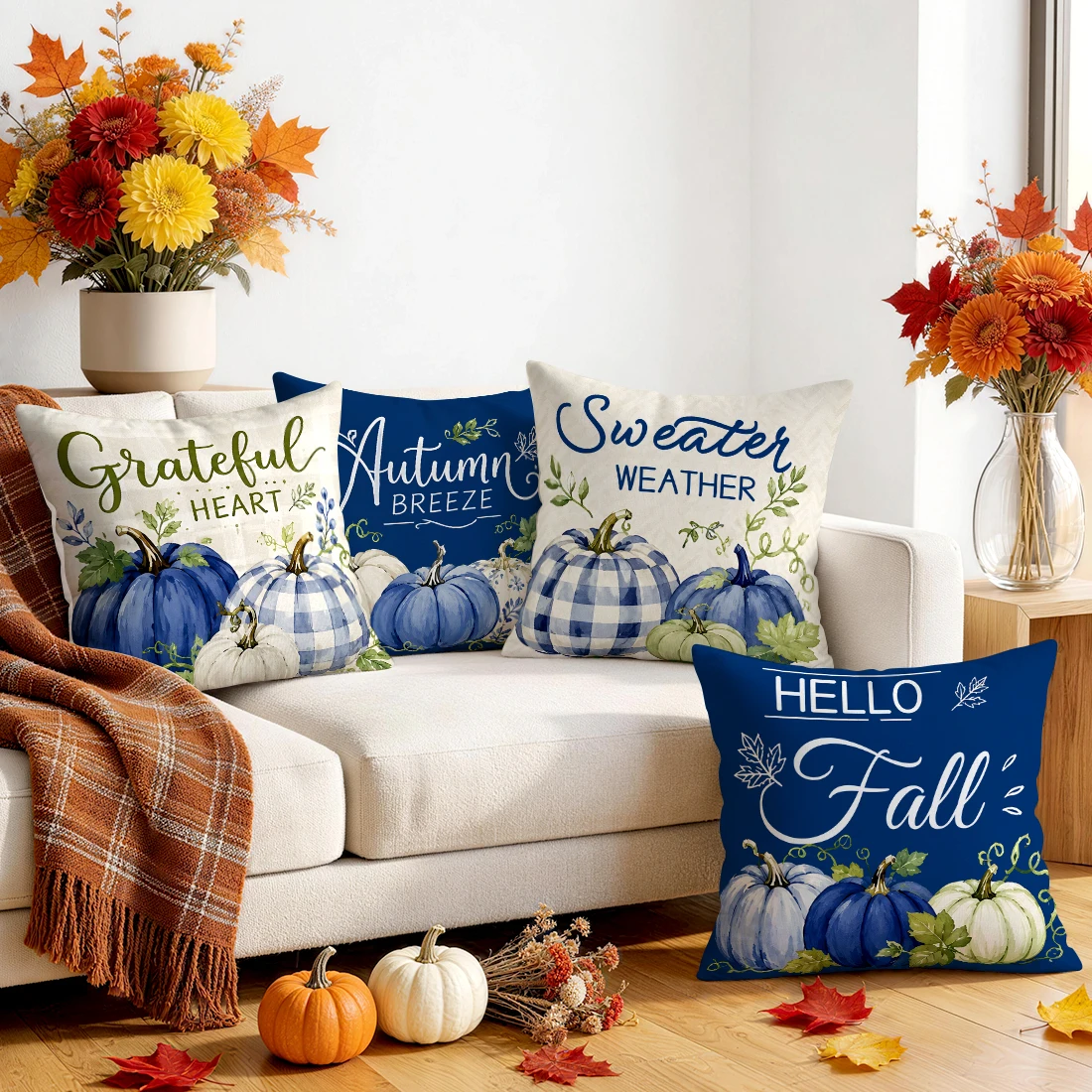 Navy Blue Plaid Pumpkin Cushions Pillowcase Polyester Cushion Cover Throw Pillow Pillowcover Home Car Sofa Decor
