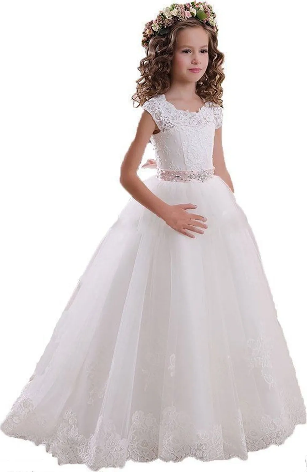 Spring Flower Girls Dresses For Weddings Vintage Jewel Neck Sash Lace Net Baby Girl Birthday Party Gowns Kids First Communion