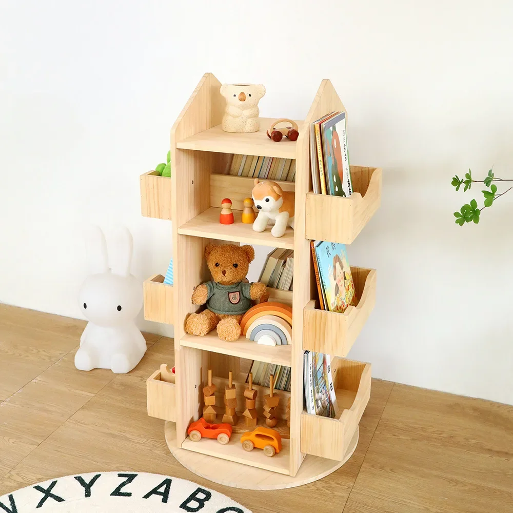 Children's Rotating Bookshelf Movable Solid Wood Environmentally Friendly Student Picture Book Storage Rack Kids Toys Storage