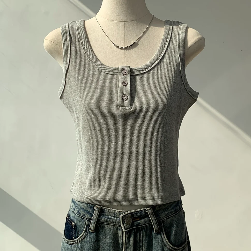 Summer Short Sleeveless Tank Top Women's Inner Wear Outer Wear Sweet Spicy Style Cotton Polyester Blend Button Detail Vest