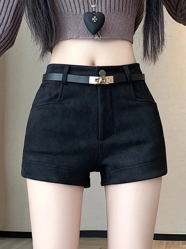 

Ретро-брюки из черной замши для женщин: с высокой талией, утягивающие, А-силуэт, широкие штанины, прямые брюки для офиса и повседневной носки