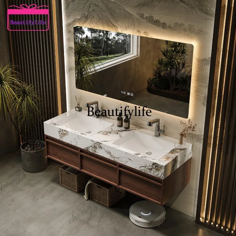 Medieval rock slab seamless ceramic double basin double faucet wash basin bathroom rack  a17