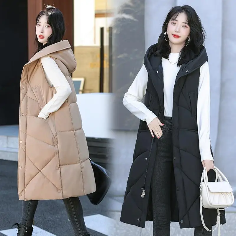 Winter New Long Loose Women's down Cotton Vest Thickened Ladies Cotton Jacket Overcoat Korean Style Casual Inner Wear