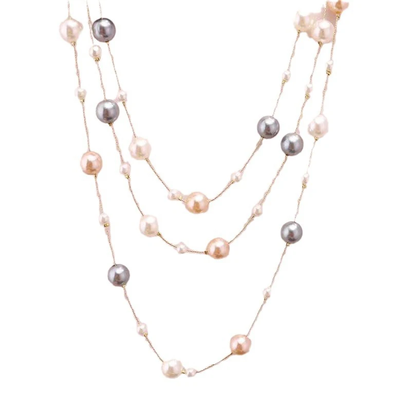 Collier de perles de verre mélangées fait à la main pour femme, poudre grise et blanche, couches multiples, pull long, équipement