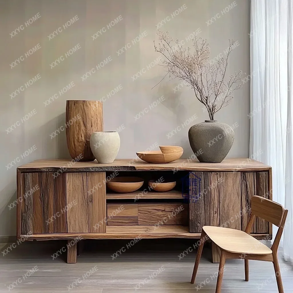 

DV Solid wood dining side cabinet, sense of relaxation, sense of old atmosphere, entrance storage, tea set cabinet