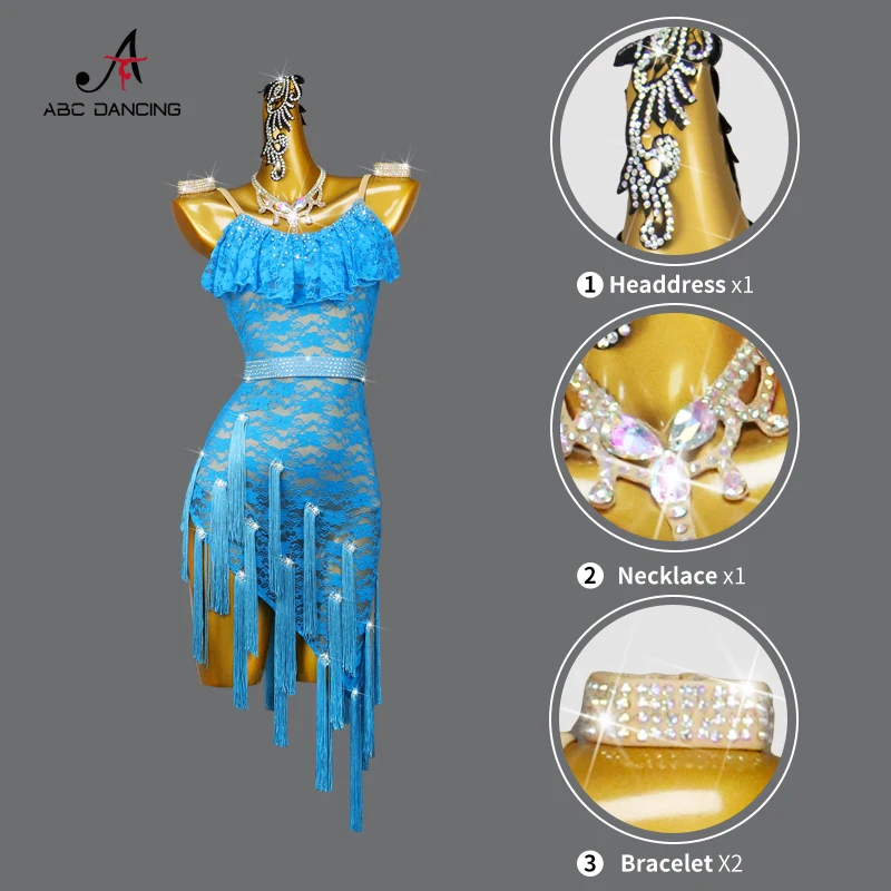 2024 New Latin Dance Fringe Dress Blue Stage Professional Women Sport Competition Costume Sexy Ballroom Cabaret Skirt Customized