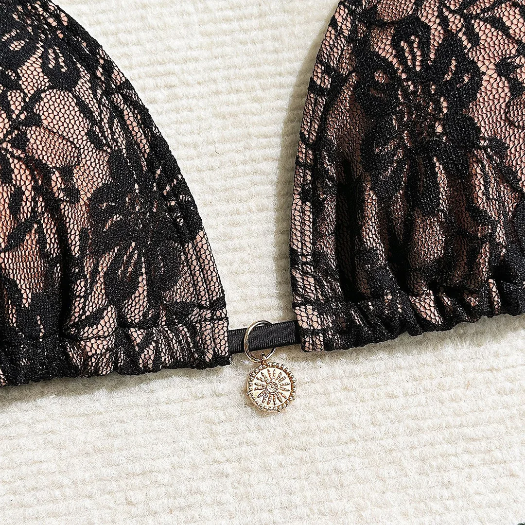 Netz-Sarong-Spitzen-Bikini mit Neckholder und hohem Beinausschnitt, Damen-Badeanzug, dreiteiliges Bikini-Set, Badebekleidung, Badeanzug, Schwimmanzug V6284H – Detail 29