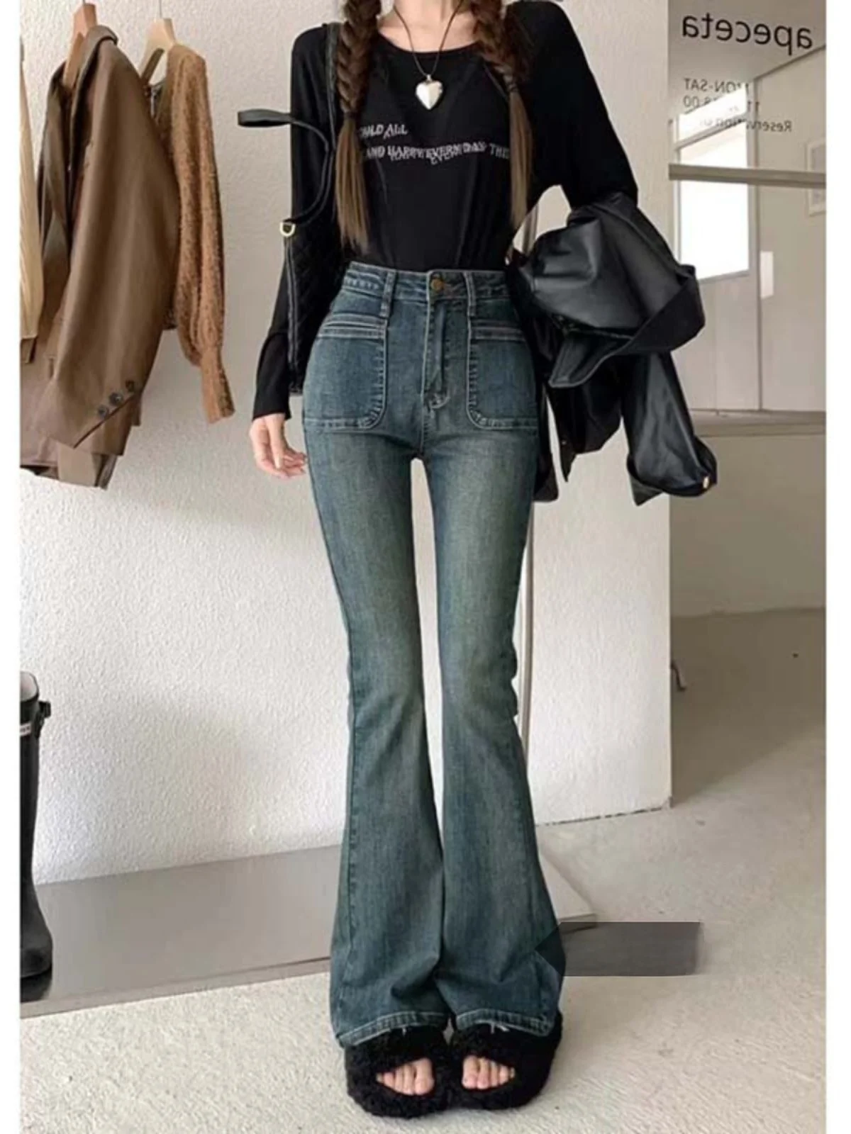 

Ретро-джинсы-клеш для женщин, новые зимние, маленькие размеры, с высокой талией, эластичные, облегающие, длиной до щиколотки, синие, из денима