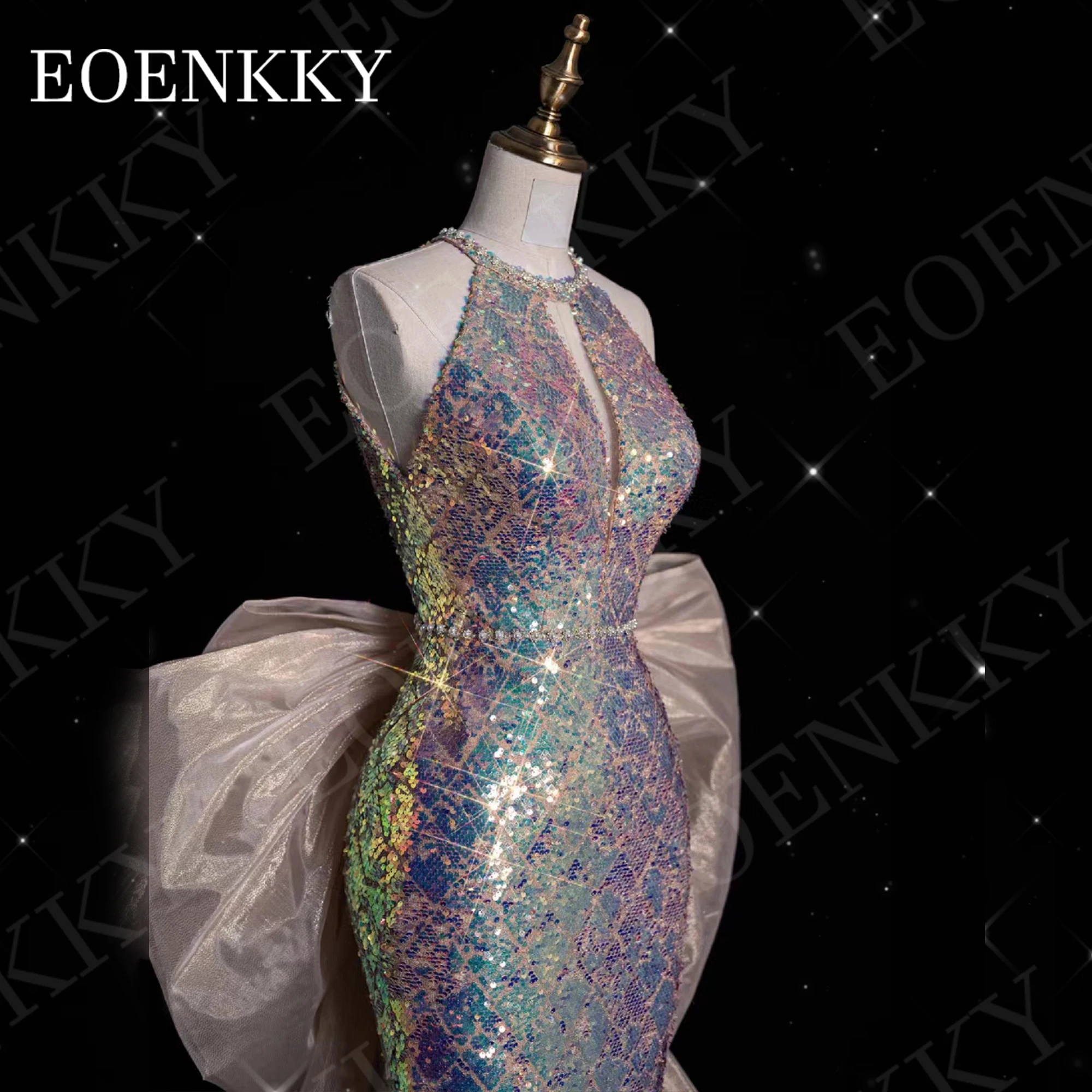 EOENKKY-Robe de Soirée de Forme Sirène à Dos aux Tenue Luxueuse à Paillettes avec Poignées et Traîne Amovible Halter brillant robe de soirée Mermaid style luxe paillettes dos nu robe de soirée de mariage amovible sans