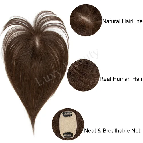 Imagen 2 del producto Adorno de cabello humano con flequillo para mujer, 5x9cm, reflejos naturales en negro y marrón, piel rubia, Clip para el cuero cabelludo, piezas de cabello humano