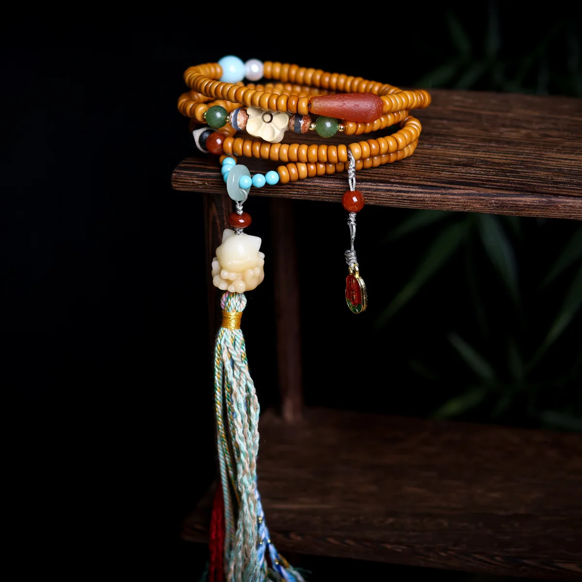 Multi Wrap Olive Pit Tablet Bead Bracelet with Bodhi Root Nine Tail Fox Peach Wood Peach Blossom Peace Pendant Gifts