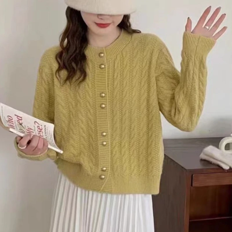2025 Vintage Autumn Winter Dough Twists Gold Button Sweater Delicate Gentle Women Cardigan Fashion Solid Loose Warm Knit Coat