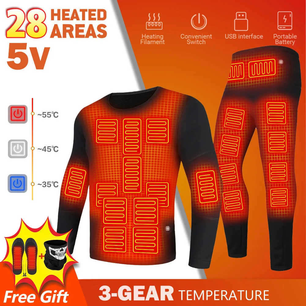 Heated Thermal Underwear Sets Skiing Heating Jacket USB Electric Men Winter Warm Heating Clothing Fleece Autumn Top Pants