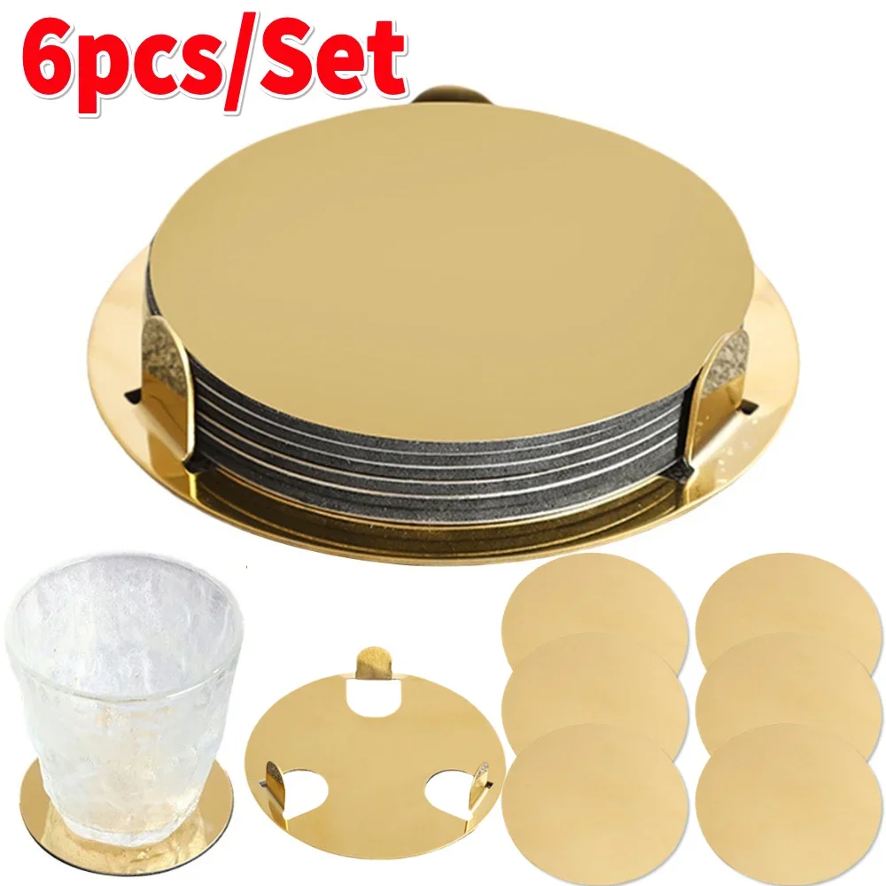 6-teiliges Untersetzer-Set aus Edelstahl, goldene Tassenuntersetzer-Set mit Halter, Spiegel-Untersetzer, multifunktional, für Küche, Bar, Restaurant