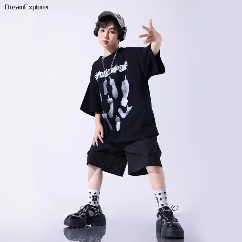 Boys Streetwear Street Dance Graffiti T-shirt Ripped Jeans Girls Hip Hop Shorts Clothes Sets Kids Jazz Denim Pants Teen Costumes