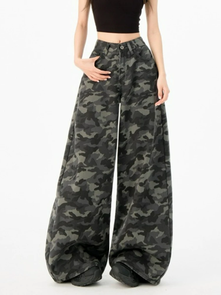 

2025 Summer Wide Leg Jeans Women American High Waist Camo Cargo Pants Loose Casual Flared Denim Trousers
