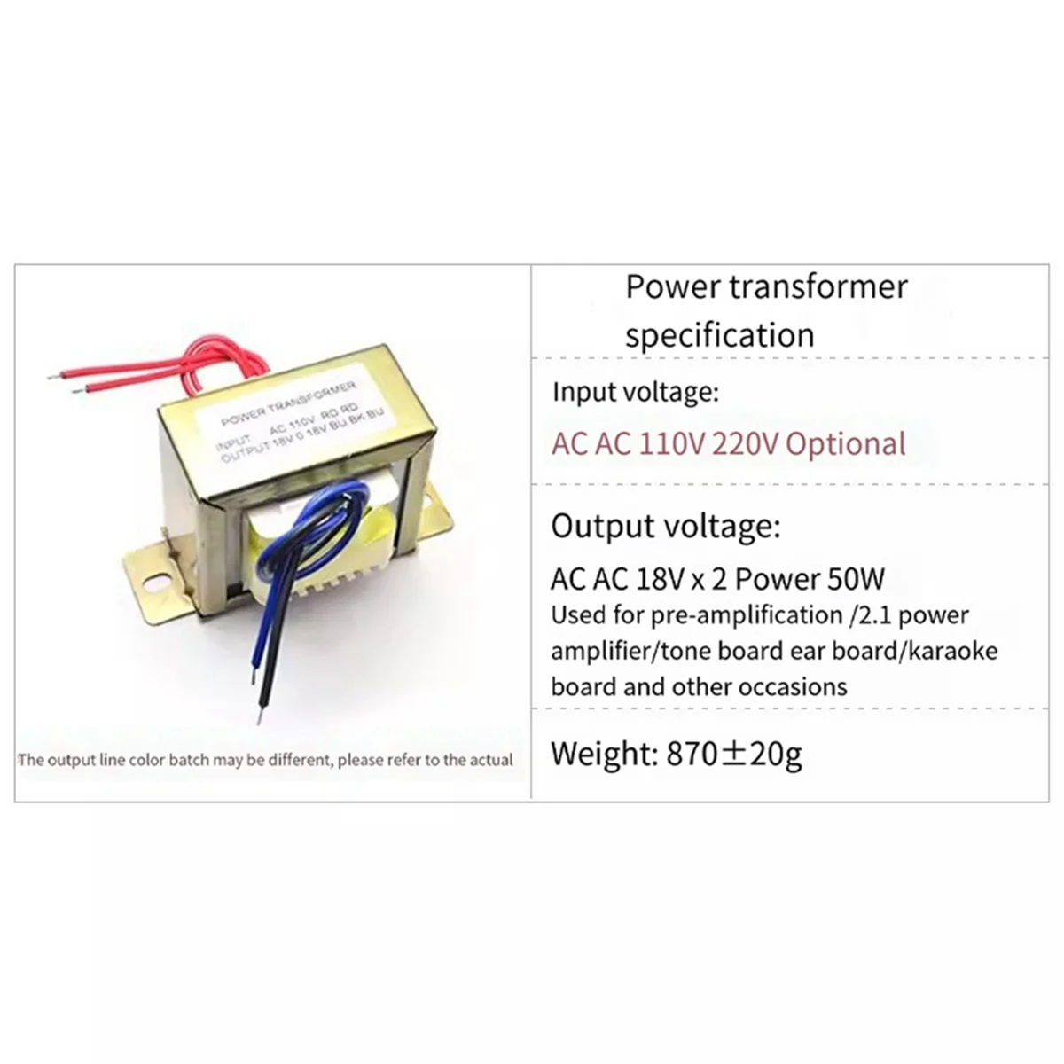 Power Transformer Power Transformer Dual AC 18V 50W EI Transformer 220V in Optional for Preamplifier 2.1 Amplifier Tone Board