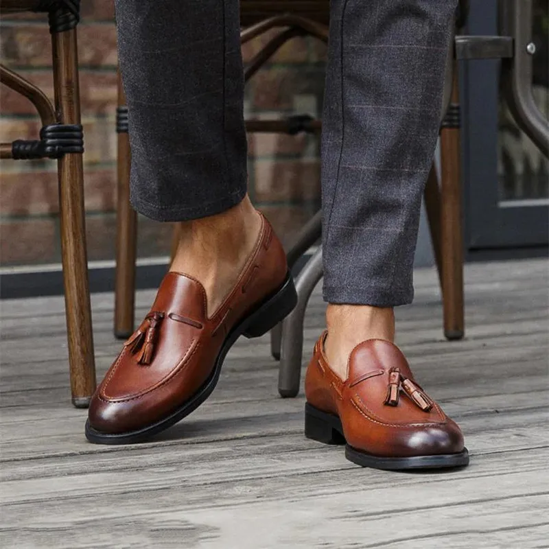 Loafers Shoes for Men Brown Fringe Pu Handmade Slip on Casual Zapatos De Vestir Hombre Shoes for Men
