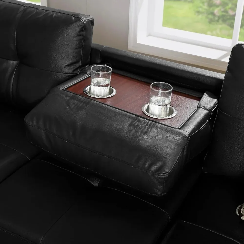 Living Room Sofa, L-Shape PU Leather Sectional Couch Set with Storage, Chaise, Ottoman, 2 Cup Holders & 2 Toss Pillow, Black