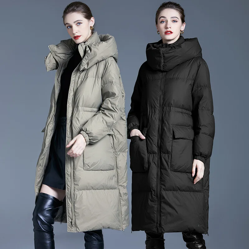 Winter White Duck Down Coat Women\'s New Casual Long Knee Thickened Bread Coat Detachable Hat Down Coat Women\'s Winter Wear 2023