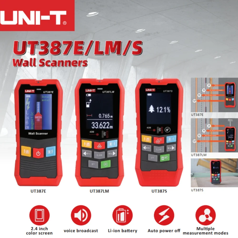 

UNI-T UT387E UT387LM UT387S Многофункциональный настенный сканер — поиск шпилек и металлоискатель с лазерным расстоянием и обнаружением влаги