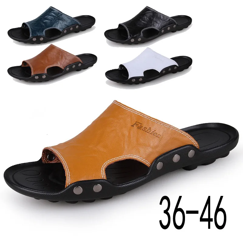 Big Size Men Slippers Summer Fashion Genuine Leather Casual Slides Street Fashion Beach Shoes Black Cow Leather Sandals