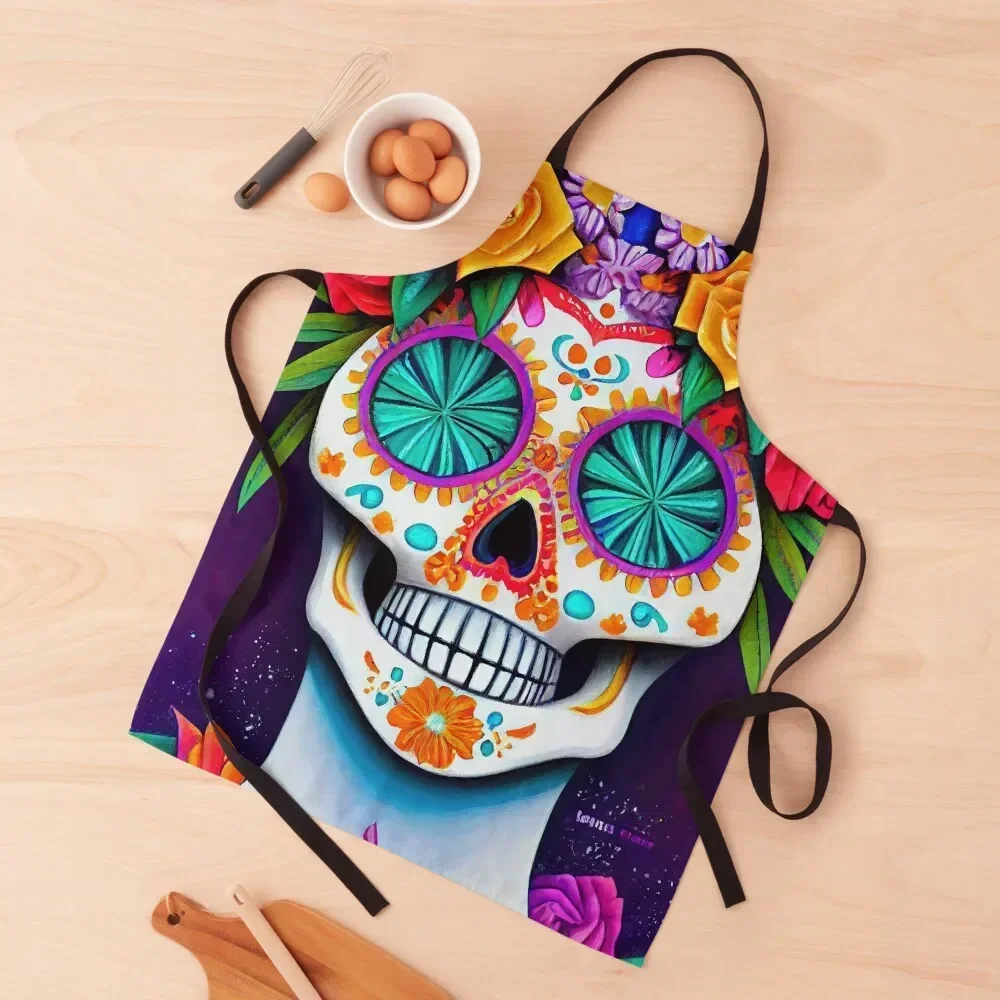 Beautiful colorful design of a Dia de Los Muertos skull Apron For Man Restaurant Kitchen Equipment women's work Apron