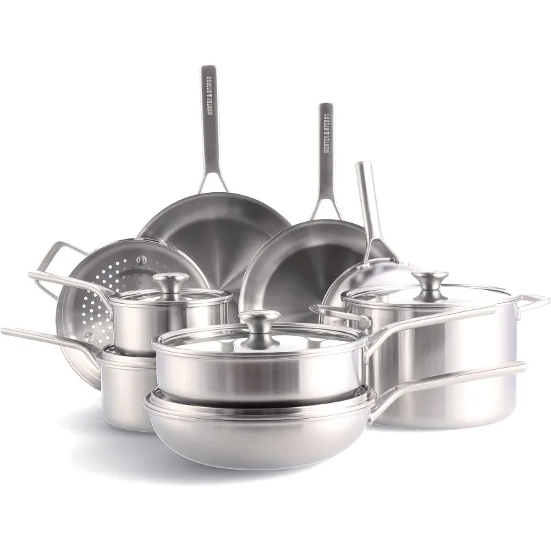 Tri-Ply Stainless Steel 14 Piece Cookware Pots & Pans Set,Professional Cooking,Multi Clad,Measurement Markings,