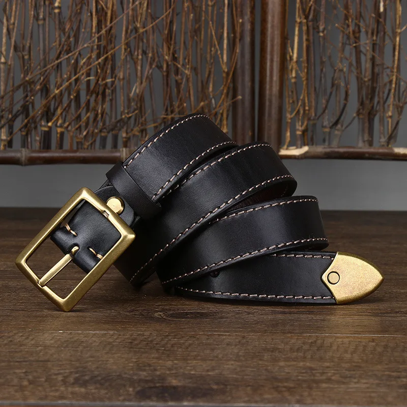 Stitching Design Italian Vegetable Tanned Cowhid Leather Double Sided Belt With Brass Buckle 3.3cm 3.8cm Width