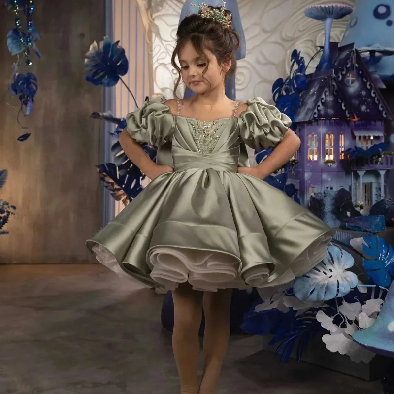 

Luxurious Sage Green Bubble Sleeve Flower Girl Dress Sparkling Beaded Princess Party Dress