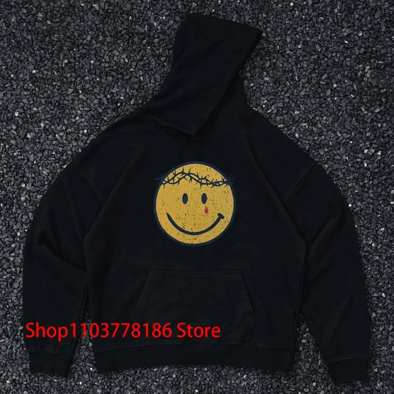 American Vintage Kanye West Hoodie Fun Yellow Round Face Print Tops High Street Men Women KANYE WEST Pullover Sweatshirt