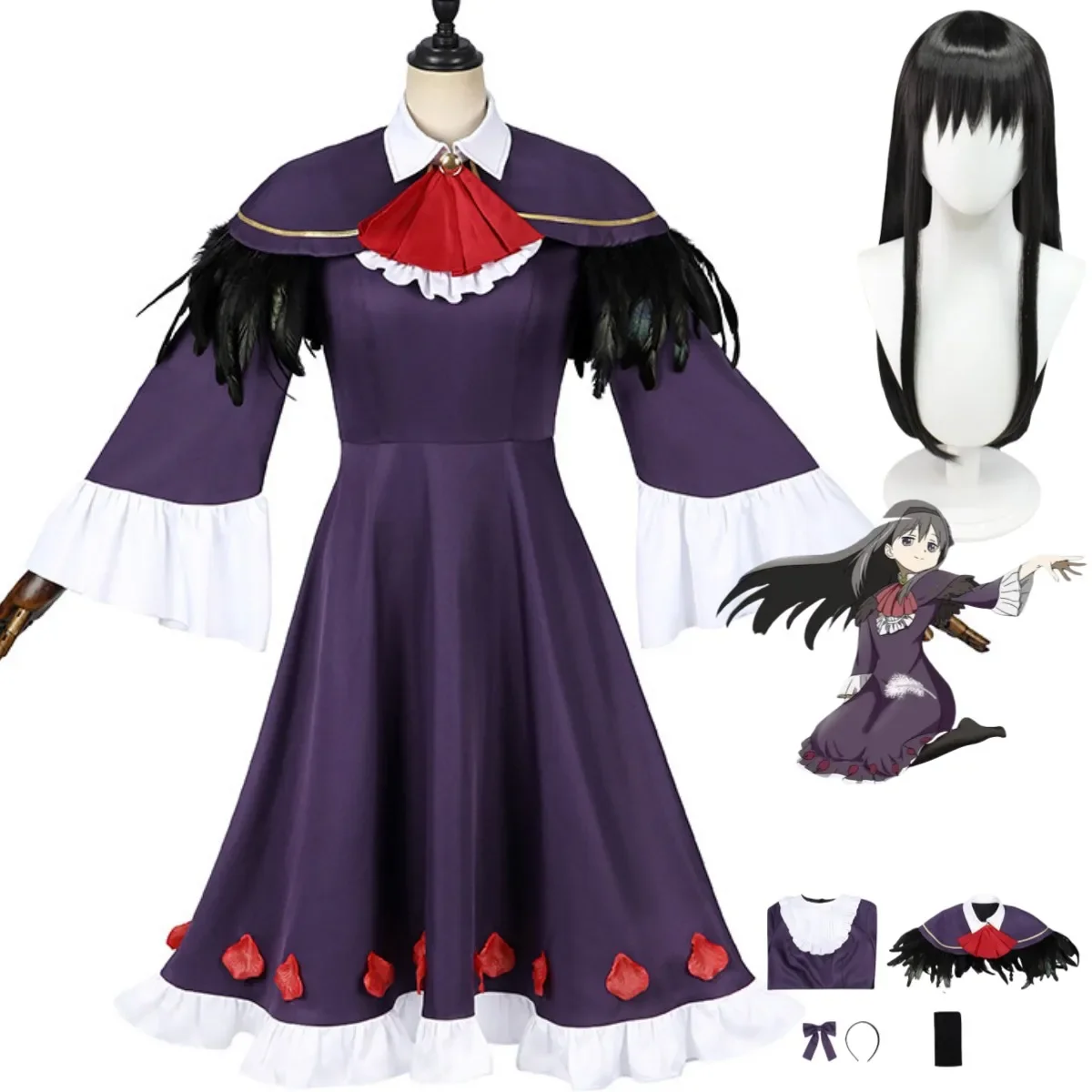 Disfraz de Anime Puella Magi Madoka Magica Akemi Homura, vestido morado oscuro, chal de plumas, peluca, traje Sexy de Halloween para mujer