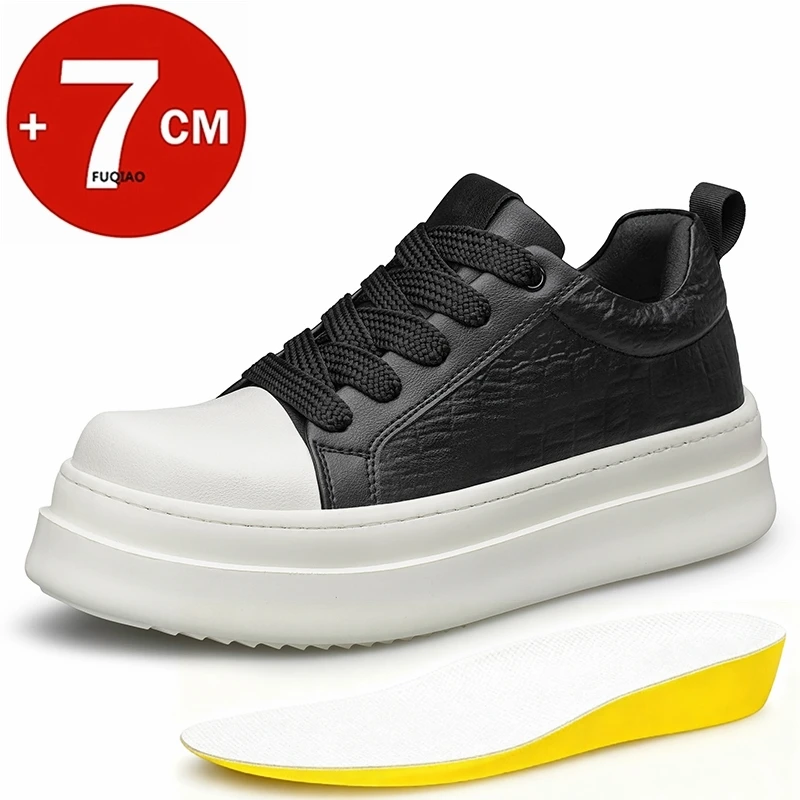 

7CM Hidden Height Increase Men's Shoes Genuine Leather Casual Elevator Sneakers Thick Sole Platform Sports Versatile Lift Shoes