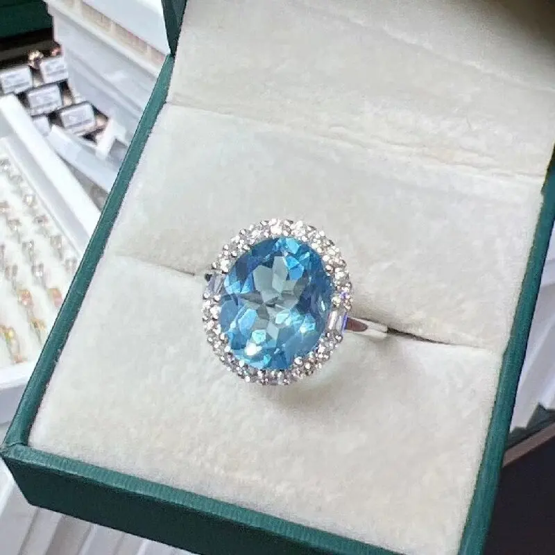 

Fine Jewelry Woman Topaz Ring With Natural Switzerland Blue Topaz Gemstone 10*12mm Lady Topaz Ring For Wedding Girl Lady Gift