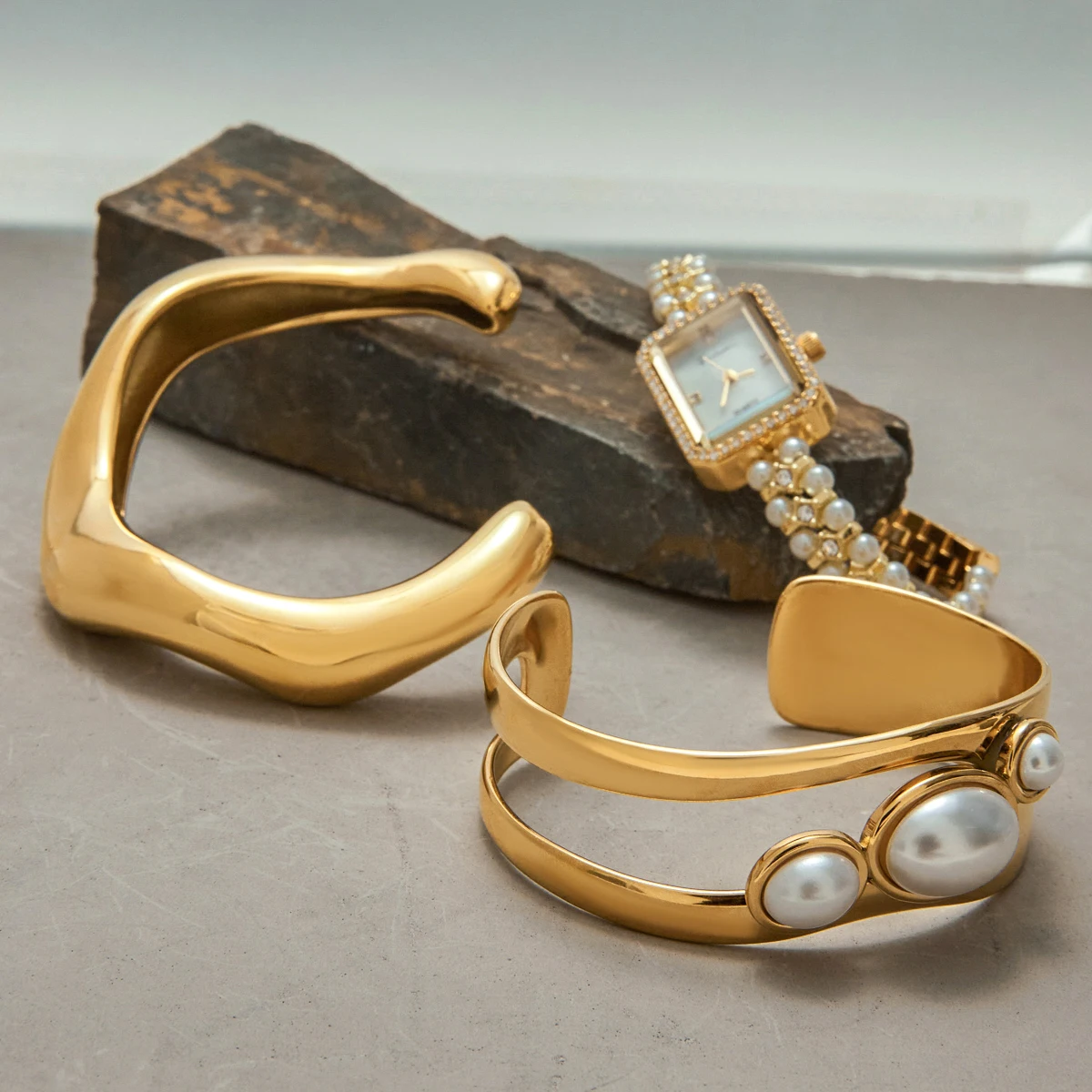 AIKOER Fashion Pearl Rectangular Watch 18K Gold Color Plated Stainless Steel Hollow Wide Face Bracelet Stackable Women's Accesso