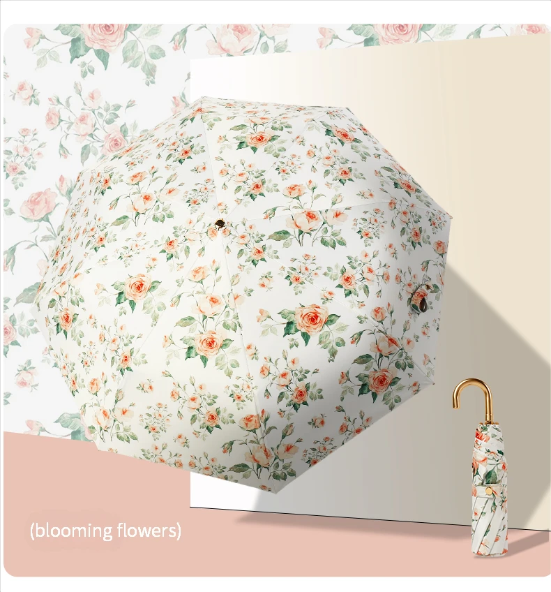 Pintura al óleo francesa, sombrilla pequeña de tres pliegues con gancho dorado, protección contra ultravioleta, paraguas de lluvia para mujer, paraguas pequeño