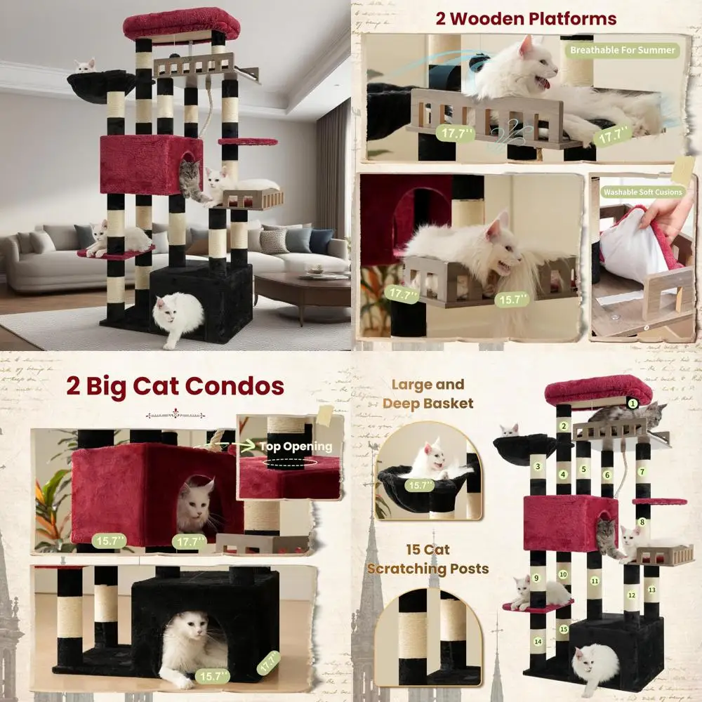 

Sturdy Maine Coon Cat Tree for Large Indoor Felines, Gothic-Style Tower with Hammock and 2 Bins for Cats Over 20 lbs
