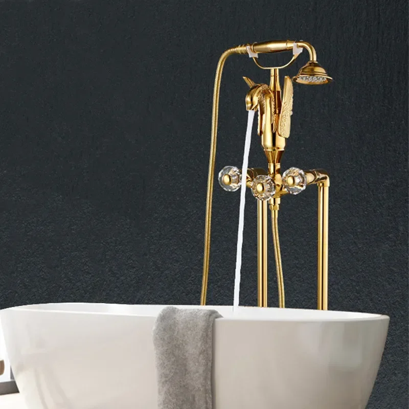 Tuqiu Gold Swan Bathroom Bathtub Faucet + Handheld Shower Free Standing Antique Bronze  Luxury BathTub Mixer Taps Floor Mounted