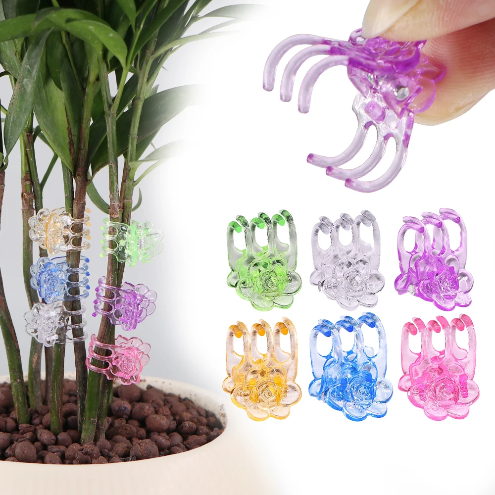 100pcs 6-color 6-Claw Plastic Plant Clips Orchid Flower Support Clamps Climbing Vine Stem Clasp Tied Bundle Branch Garden Tools