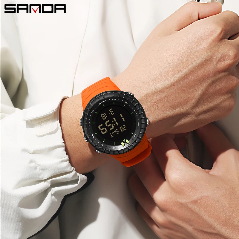 SANDA jam tangan elektronik Digital LED pria, arloji olahraga luar ruangan dengan fitur Alarm tahan air Chronograph