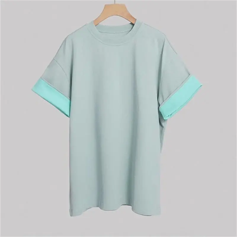 Camiseta feminina com cores de contraste longo, blusa feminina com nichos de senso, coringa de alta qualidade, cor sólida azul, verão, novo, 2022