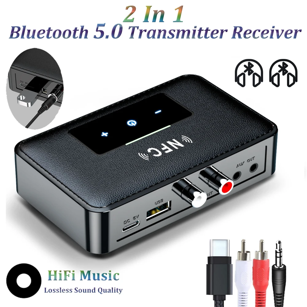 

2 IN 1 Bluetooth 5.0 Audio Transmitter Receiver NFC 3.5mm AUX U-Disk HiFi Stereo Music Wireless Audio Adapter For PC TV Car